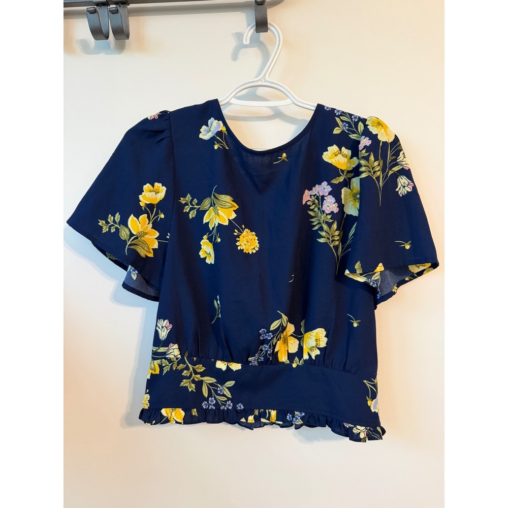 Sugarlips Navy Blue Floral Smocked Waist Crop Top Flutter Sleeve V-Neck Size M
